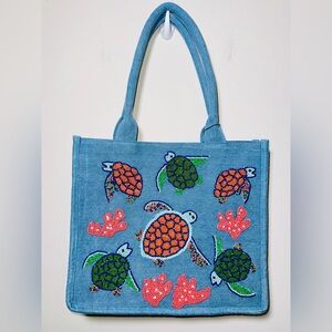 NWT AMERICA & BEYOND Denim Beaded & Crocheted Turtle Purse with Crossbody Strap